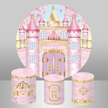 Розов Замък на Принцеси Кръг Фон Корица Златен Модел Момичета Детски Душ Новороденото 1-ви Рожден Ден на Фона на Первази на Корицата