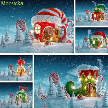 Моксик Зимни Снежни Фонове, за Снимки Ботуши на Дядо Коледа Конфетный Подаде Снимката на Фон Коледен Декор Снежинки Фон