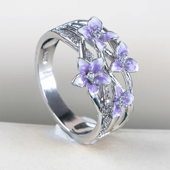 Joiashone Класическа Сребърна Бижутерия пръстен 925 проба за чаровната дама с лилав цвят във формата на цвете, скъпоценен камък, сватба парти, изискани бижута