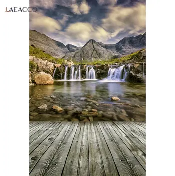 Laeacco Естествен Живописен Планински Камък Водопад На Езерото Мътен Поглед Върху Дървена Дъска На Пода Снимков Фон Снимка Фон Снимка