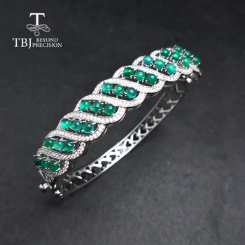 TBJ, Натурален зелен ахат скъпоценен камък Гривна от сребро 925 проба твърди изискани бижута класически дизайн жени годишнина сватбен подарък