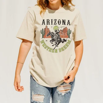 Аризона Каубой Пустинен Кактус Графични Тениски Ретро Западна Овчарка Женска Тениска Дамска Свободна Реколта Риза с Къс Ръкав Отгоре