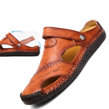 Мъжки сандали от естествена кожа, Лятна меки обувки, мъжки плажни Сандали, Висококачествени Сандали, чехли в Бохемски стил, Големи Размери 38-48