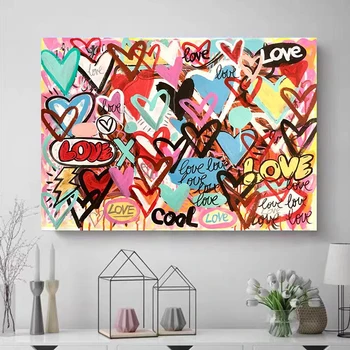 Съвременните Графити Група Цветни Любовни Сърца Плакати и Разпечатки на Картини върху Платно Стенни Художествени Картини за вашия интериор Дневна