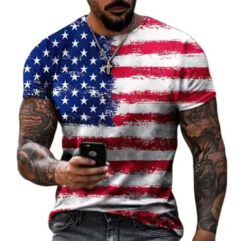 Модерен мъжки тениски с 3D принтом в ивица с Флага на САЩ, Мъжки t-shirt Оверсайз, Лятна Дишаща Мъжки Дрехи с Къс Ръкав, Тениска 6XL