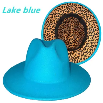 Езерото е синьо фетровая шапка вътрешна леопардовый принт нова Панама фетровая шапка, мъжки и дамски джаз шапка фетровая шапка синя дамска шапка на жените