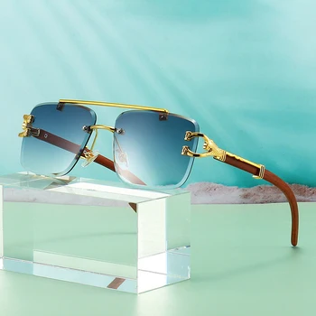Топ Градиентные Слънчеви Очила за Мъже, Модни Слънчеви Очила без Рамки от Дърво и Метал, Брендовый Дизайн, Луксозни Ретро-Gafas De Sol UV400
