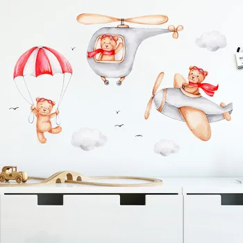 Cartoony Мечка летят самолети детска спалня декорация на дома стените са декоративни стикери за стена самозалепващи украса на стаята