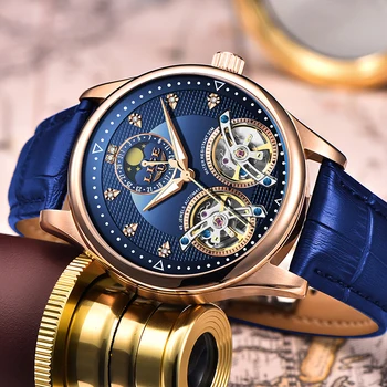 Reloj LIGE, швейцарски мъжки Часовник с Двойно Турбийоном, Автоматични Мъжки Часовник самостоятелно ликвидация, Модни Механични Ръчни Часовници, Кожени Часовници