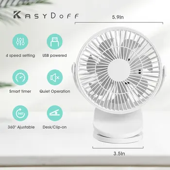 KASYDoFF USB Преносим Битумен Вентилатор за детска Количка с 4 Скорости Безшумен Мини Настолен Вентилатор с възможност за Завъртане на 360 °, Захранван с Батерии, Акумулаторна батерия