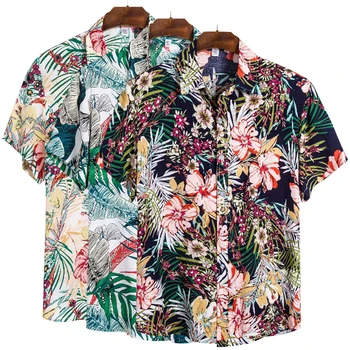 Мъжки Памучен Полиестерна Лятна Риза С Къс Ръкав С Тропически Шарките На Палмови Листа, Хавайски Плаж На Мъжки Ризи, Ежедневна Блуза За Мъже