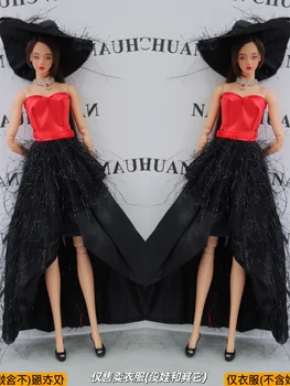 Черно-червено дантелено рокля + шапка/ръчна работа, 30 см, дрехи за кукла, комплекта дрехи За 1/6 Xinyi FR ST, облекло за кукли Барби, на Коледа