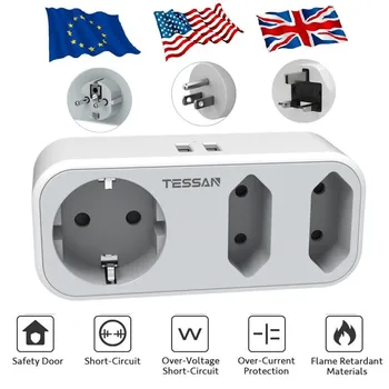 Адаптер за пътуване TESSAN от Европа в Англия и Америка с 3 розетки и 2 USB порта, Монтиране на USB-зарядно устройство с вилици Великобритания, САЩ, ЕС (тип G / B / E / F)