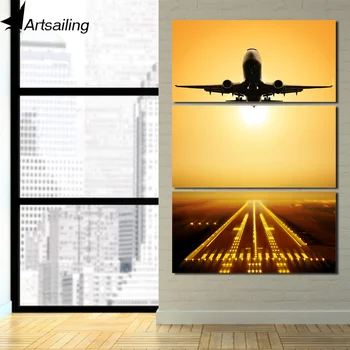Artsailing Декоративни Картини 3 бр. Летящ Самолет Залез Плакат на Стенно Изкуство Платно В Рамка Платно Картина Пейзаж