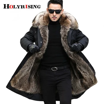 Holyrising Зимно мъжко дълго палто с голям кожа яка, дебела парк, Яке от изкуствена кожа на миеща мечка, Мъжка кожа парк, топло палто, fit Bulgaria