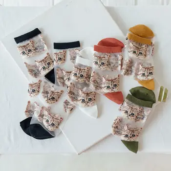 2020 Нови Летни Дамски Чорапи Kawaii Sweet Сладко Смешни Котка Женски Кристални Щастливи Японски Прозрачни Мультяшные Копринени Чорапи за Момичета