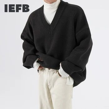 IEFB /мъжки дрехи, есенно-зимния пуловер с V-образно деколте, елегантен свободен стил, възли върхове, удебелена свободна реколта дрехи, мъжки 9Y3277