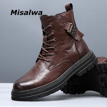 Misalwa/Нови Зимни мъжки Кожени обувки с Висок Берцем, обувки на дебела подметка, Реколта модни Улични мъжки обувки в британския стил Оксфорд
