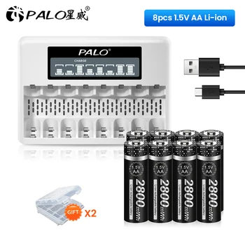 PALO 1,5 AA батерия 2800 МВтч AA от 1,5 Литиеви Литиево-йонни Акумулаторни Батерии тип AA 1,5 с 8 Слота USB Зарядно Устройство