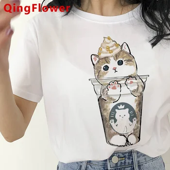 Тениска с котка дамски дизайнерски горна женска манга облекло
