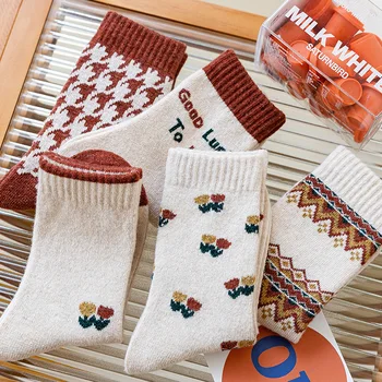 Вълнени Чорапи, дамски чорапи със средна дължина, есенно-зимни Дебели Топли Сладки Чорапи, дамски корейски, японски Студентски Чорапи