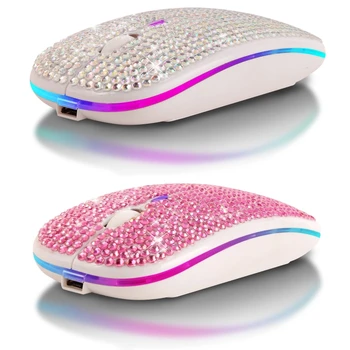 2.4 G Безжична + Bluetooth 5.0 Двухрежимная Мишката Акумулаторна Компютърна RGB Light Mause Безшумен Клик Розови Кристални Мишката За Жени