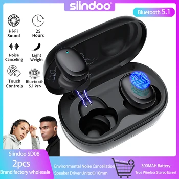 Siindoo 2 елемента 08 Истинската Безжична Стерео Bluetooth Слушалки TWS ENC Слушалки С Докосване С Двоен Микрофон Слушалки намаляване на шума