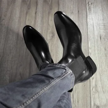 Мъжки обувки на Челси от висококачествена черна кожа с остри пръсти на среден ток, Модерен бизнес ежедневни класически мъжки обувки и без закопчалка