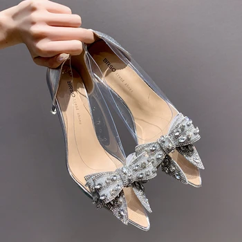 Луксозни Дамски Обувки-лодка 2022 г., Пролетни Прозрачни Обувки на Висок ток с лък, Пикантни женски обувки с остри пръсти, Сватбени Модни Вечерни Обувки за Дами