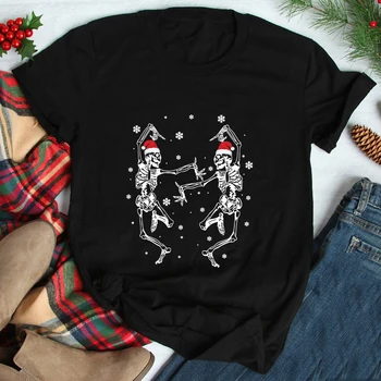 Коледна Цветна Риза С Танци виртуален скелет, Зловеща Празнична Тениска за Зимния Сезон, най-Забавната Женска Коледа Готическата тениска С Къс Ръкав