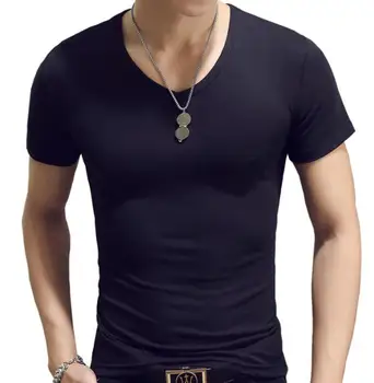 Нов Стилен мъжки Базова Однотонная Памучен тениска с V-образно деколте и Къс ръкав от памучна смес ABD414