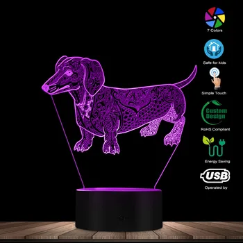 Мил Темперамент Абстрактна Куче Дакел Потребителското си Име 3D Оптична Илюзия Светещ Led Лампа Любител на Домашни Животни Собственикът Осветление Подарък