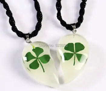 12 чифта Истински зелена детелина четырехлистный детелина светлинен дизайн висулка сърце