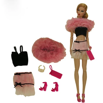 Розов комплект дрехи/топ + пола + чанта + наметало + колие + обувки/30 см стоп-моушън облекло облекло За 1/6 Xinyi FR ST Кукла Барби играчка
