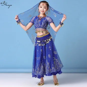 1 компл./лот, 4 бр., детски костюм за танц на корема, комплект индийски танцови костюми, облекла за танци за момичета, рокля с бродерия, индийски дрехи