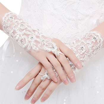 Дамски Висококачествени Пръстите Кратък Абзац Елегантни Сватбени Ръкавици С Кристали