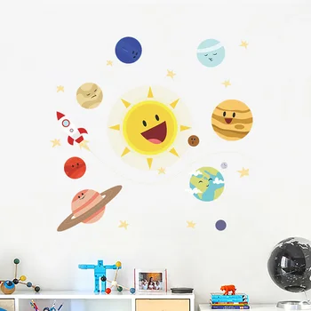 Карикатура На Слънчевата Система Планета Стикер На Стената Детска Детска Стая Фон Спалня За Декорация На Дома Артистични Тапети Сменяеми Етикети