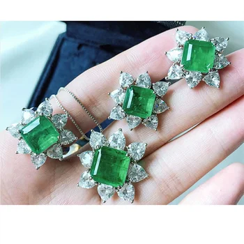 QTT Луксозен Сребърен Цвят Квадратен Лабораторен Emerald Камък Пръстен/Обеци/Висулка Колие Сватбени бижута, Бижута Комплекти Подарък За Годишнината